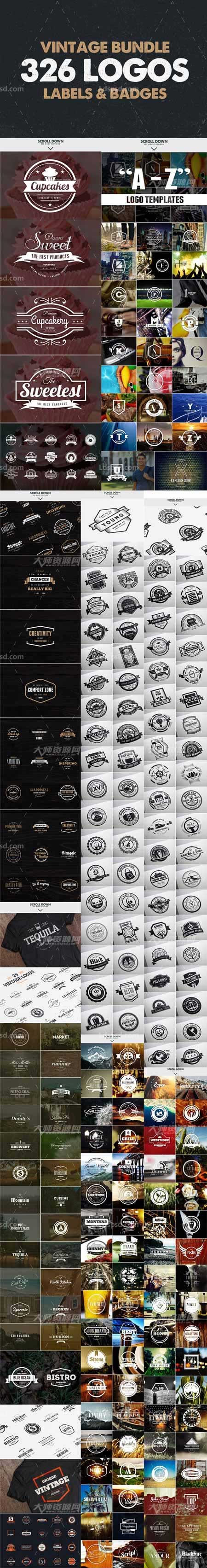 MEGA BUNDLE 326 Vintage Logos Badges,326个矢量的标志和徽章